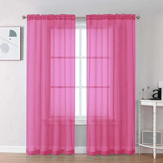 Chyhomenyc Hot Pink Sheer Curtains 72 Inch Length 2 Panels, Light Filtering Soft Airy Rod Pocket Voile Window Curtain Drapes for French Door Bedroom Living Room, Each 42Wx72L