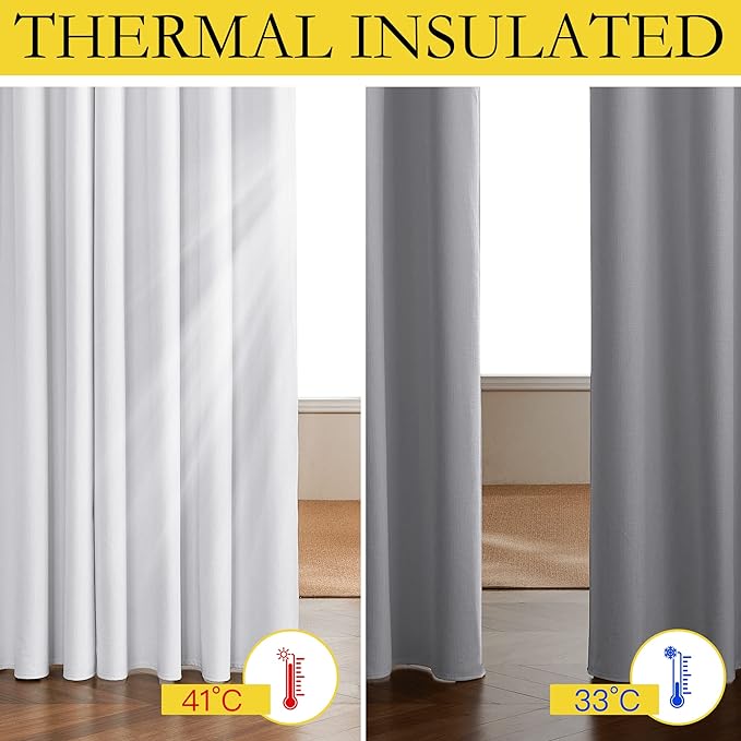 NICETOWN 100% Absolutely Blackout Linen Curtains with Thermal Insulated White Liner, White, 52 inches Wide, 90 inches Length Energy Saving Curtains for Living Room 2 Panels Set, Vertical Blinds
