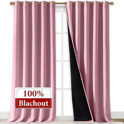 NICETOWN 100% Blackout Blinds, Laundry Room Decor Window Treatment Curtains for Large Patio Sliding Door, Thermal Insulated Crystal Pink Curtains for Bedroom, Set of 2, 70 inches x 108 inches