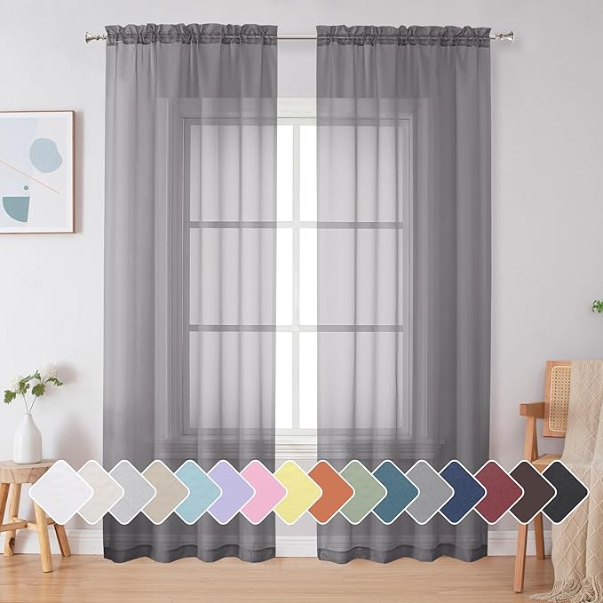 Simplebrand Grey Sheer Curtains 84 Inches Long, Light Filtering Rod Pocket Solid Color Window Sheer Curtain Panels, Elegant Curtains & Drapes for Living Room 2 Panels (Charcoal Grey, 2x42x84'')
