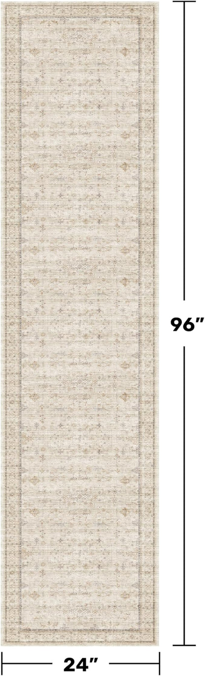 Washable 2x8 Runner Rugs for Hallway Non Slip, Stain Resistant Farmhouse Kitchen Rugs, Geometric Floral Indoor Floor Mats for Entryway, Vintage Beige Home Décor, Low Pile & Soft Carpet