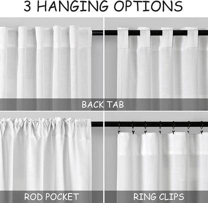 Nanspring Linen White Curtains for Living Room 2 Panels Set Extra Long Back Tab Light Filtering Semi Sheer Drapes Modern Farmhouse Decor Linen Textured Curtain for Floor to Ceiling Window 52x131