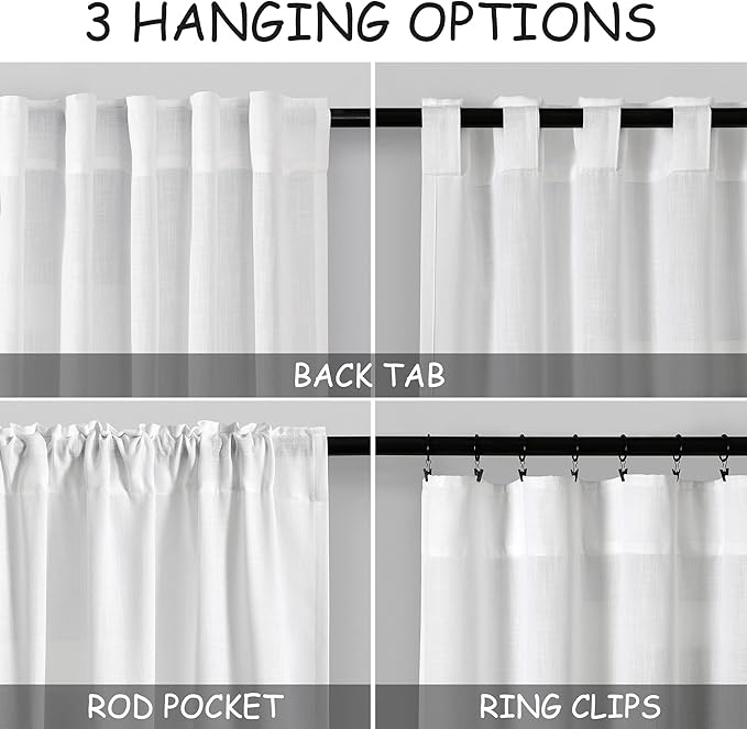 White Linen Curtains 63 inches Long for Bedroom Back Tab Light Filtering Privacy Sheer White Curtains Modern Farmhouse Coastal Decor Off White Cotton Textured Gauze Curtain for Bathroom 2 Panel Set