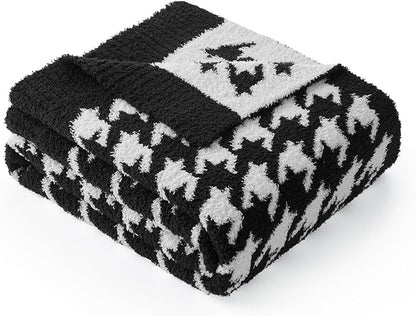 Snuggle Sac Houndstooth Throw Blanket for Couch, Reversible Super Soft Warm Blankets Cozy Knit Fuzzy Plush Lightweight Throws for Sofa, Bed, Camping, Black,50x60 inches