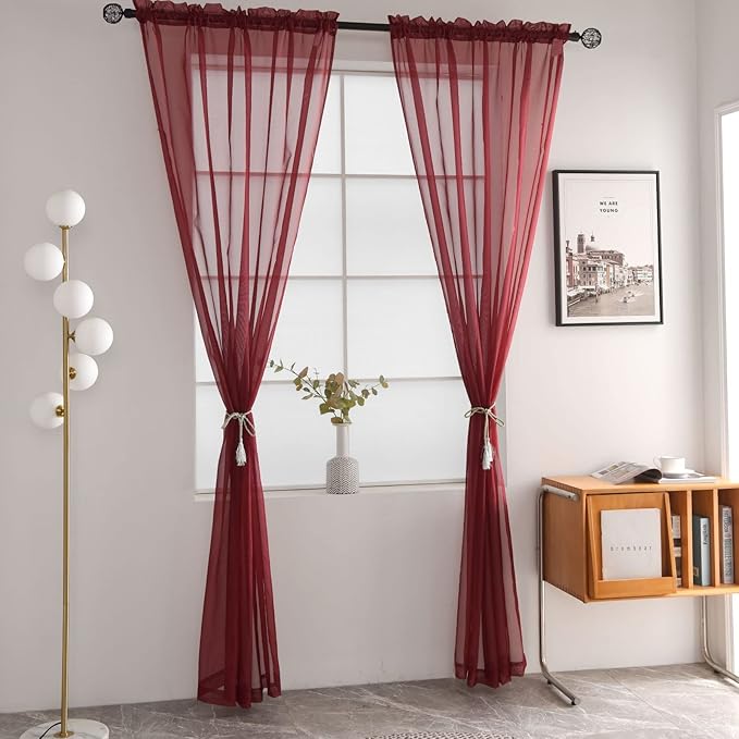 SpaceDresser Basic Rod Pocket Sheer Voile Window Curtain Panels Burgundy 1 Pair 2 Panels 52 Width 90 Inch Long for Kitchen Bedroom Children Living Room Yard(Burgundy,52 W x 90 L)