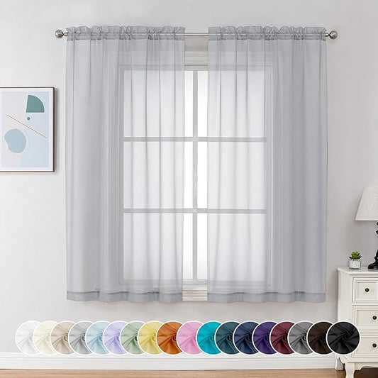 Chyhomenyc Light Grey Sheer Curtains 54 Inch Long 2 Panels, Light Filtering Rod Pocket Voile Short Curtains Drapes for Living Room Bedroom Small Windows, 42Wx54L Inches