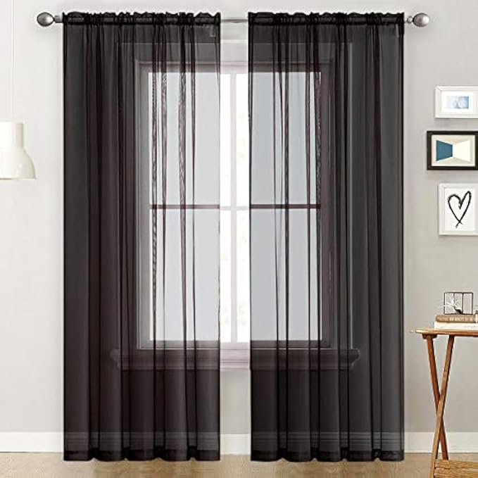 SpaceDresser Basic Rod Pocket Sheer Voile Window Curtain Panels White 1 Pair 2 Panels 60 Width 84 Inch Long for Kitchen Bedroom Children Living Room Yard(Black,60 W x 84 L)