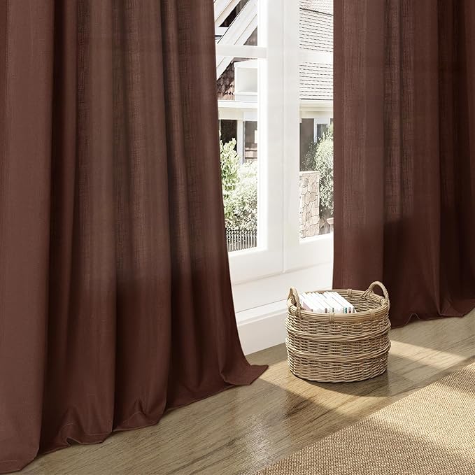 Rustic Brown Linen Curtains 84 Inch Length 2 Panels Set for Living Room Rod Pocket Back Tab Light Filtering Window Drapes for Bedroom Dining Room Protect Privacy Modern Farmhouse Decor 52x84