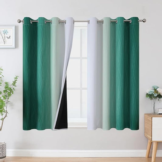 Estelar Textiler Green and Greyish White Blackout Curtains, Full Light Blocking Gradient Grommet Drapes for Living Room, Thermal Insulated Ombre Curtains for Bathroom, 52Wx54L, 2 Panels