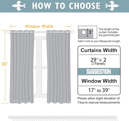 ChrisDowa Small Window Curtains 50 inches Long for Bedroom - Grommet Short Thermal Insulated Room Darkening Curtains for Kitchen (2 Panels, Grey, 29 x 50 Inch)