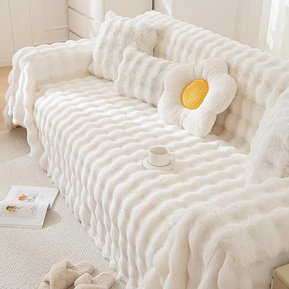 HANDONTIME White Sofa Covers Dog Couch Cover Rabbit Plush L Shaped Couch Covers Faux Fur Sofa Slipcovers for 3 Seat Cushion Couches Shaggy Couch Cover Blanket Washable Thick Soft, 71" X118"