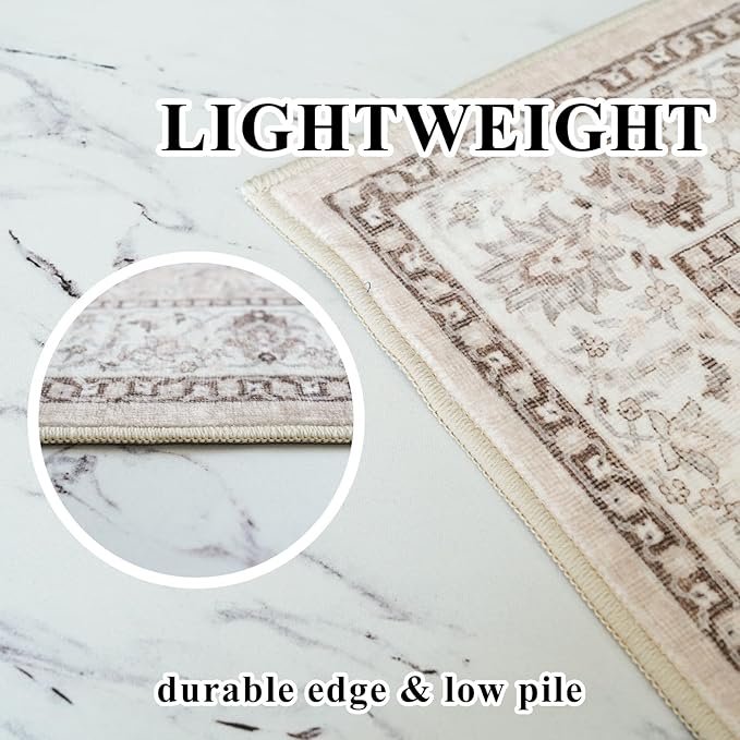 7x7 Living Room Area Rug: Washable Oriental Printed Soft Round Rug for Bedroom Besides Non-Slip Low-Pile Carpet for High-Traffic Area Indoor Stain Resistant Distressed Home Decor Mat(7Round,Beige)