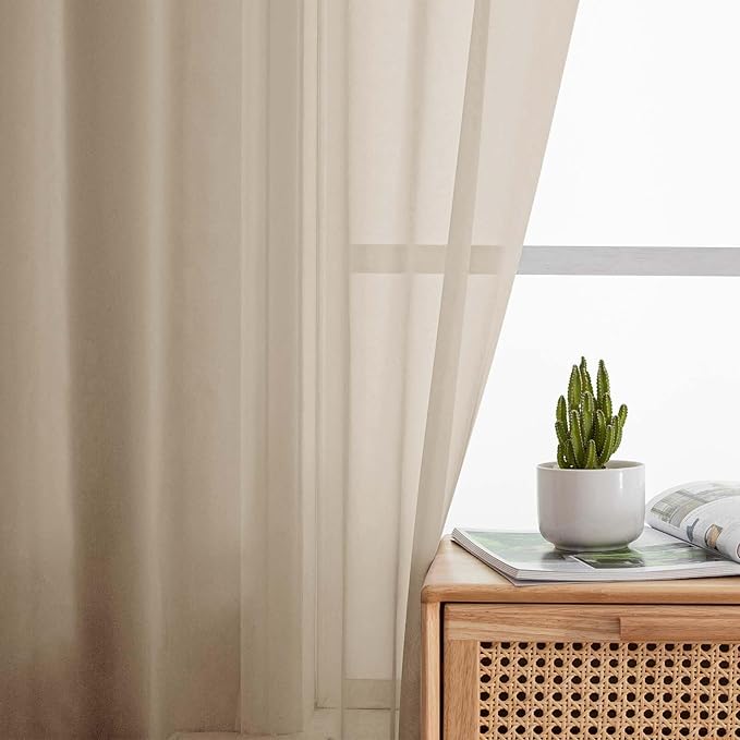Taupe Sheer Curtains for Bedroom Living Room 45 Inch Length 2 Panels, Soft Airy Light Filtering Small Kitchen Window Curtains, Rod Pocket Short Curtain Drapes, Taupe, 42" Wx45 L Inches