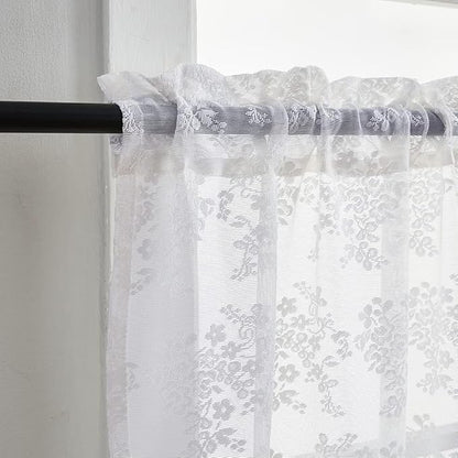 YJ YANJUN Vintage Lace Curtains 24 inch Length Victorian Floral Patterns Boho Cafe Half Curtains for Small Windows Basement Kitchen Bathroom 2 Panels 26" x 24" White