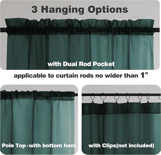 Chyhomenyc Hunter Green Sheer Valances for Windows - Light Filtering Small Kitchen Curtains, Rod Pocket Short Top Window Treatment Decor for Living Room Bathroom Basement, 42Wx16L inches, 2 Panels