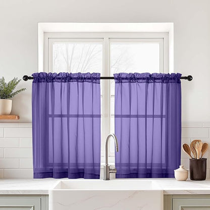 Purple Small Sheer Curtains Tier 24 Inches Length 2 Pieces, Light Filtering Cafe Curtains Sheers for Living Room Bathroom, Modern Window Treatments Dual Rod Pocket Panels, 2X42Wx24L Inches