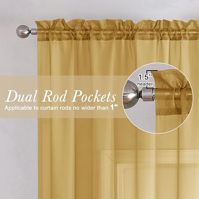 Lecloud Gold Sheer Curtains 96 Inches Long 2 Panels, Breathable Solid Voile Light Filtering Curtain, Lightweight Home Decor Drapes with Rod Pocket for Bedroom Dining Room, Each 42" W x 96" L