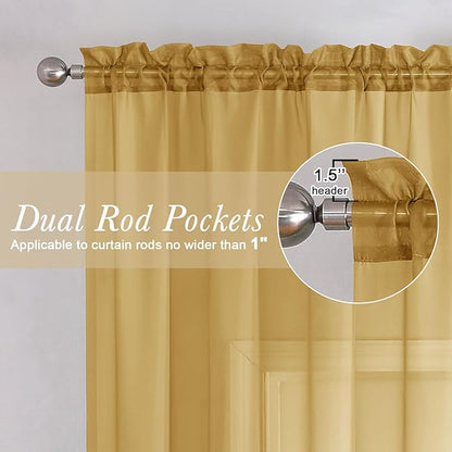 Lecloud Gold Sheer Curtains 96 Inches Long 2 Panels, Breathable Solid Voile Light Filtering Curtain, Lightweight Home Decor Drapes with Rod Pocket for Bedroom Dining Room, Each 42" W x 96" L