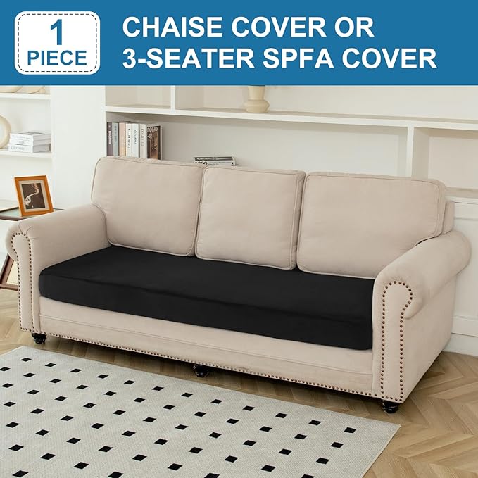 Couch Cover Velvet Chaise Cushion Cover for Sectional Sofas - Elastic L-Shaped Sofa Seat Covers Washable, Slipcover Protector (1-Piece, Black)