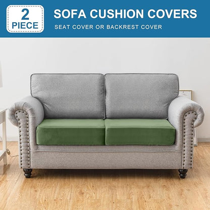 Couch Cover Stretch Velvet Sofa Cushion Cover 2-Piece - Elastic Washable Slipcover for Seat or Backrest, Couch Seat Covers for Sofas (Avocado Green)