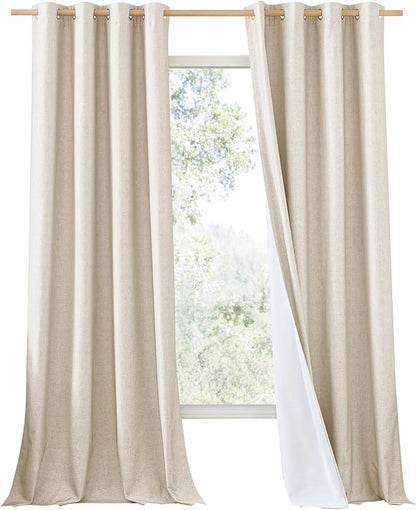 NICETOWN 100% Absolutely Blackout Linen Curtains with Thermal Insulated White Liner, 52" W, 2 PCs, Beige, 108" Long Drapes Sweep The Floor Decorative Keep Privacy Panels for Living Room/Villa/Bedroom