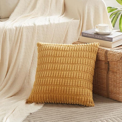 Fancy Homi 4 Packs Mustard Yellow Decorative Throw Pillow Covers 16x16 Inch for Living Room Couch Bed Sofa, Rustic Farmhouse Boho Home Decor, Soft Plush Striped Corduroy Square Cushion Case 40x40 cm