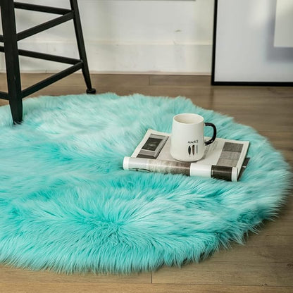 Ashler faux fur rug, Fluffy Shaggy Area Rug Ultra Soft 3 x 3 Feet Round Fur Rug, Turquoise Fuzzy Rug Machine Washable Shag Rug, Nursery Decor Throw Rugs for Bedroom, kids room, Living Room