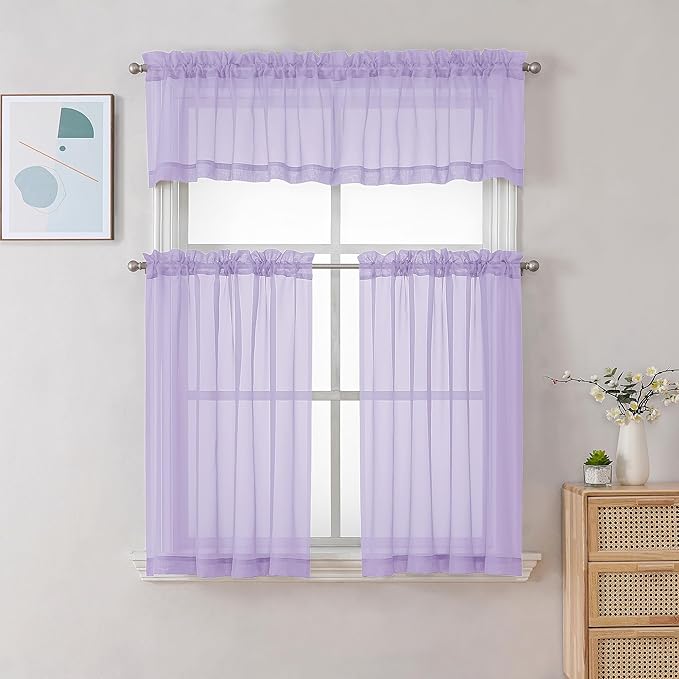 Chyhomenyc Sheer Valances for Windows 2 Pack, Small Window Curtains for Living Room Bathroom Cafe Laundry Basement, Modern Top Dual Rod Pocket Voile Curtain, 42W x 18L inches, Lilac
