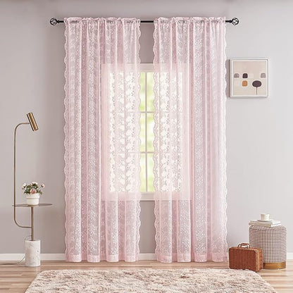 YJ YANJUN Vintage Lace Curtains 84 Inches Long- Pretty Pastel Floral Pink Sheer Curtain Panels for Living Room Girl Bedroom,Light Filtering, Cute Princess Girls Room Drapes 2 Panels 52W x 84L