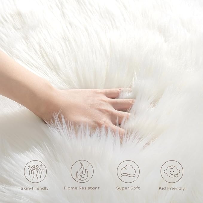 Ashler Faux Fur Rug, Fluffy Shaggy Area Rug Ultra Soft 4 x 6 Feet Rectangle Fur Rug White Fuzzy Rug Machine Washable Shag Rug, Nursery Decor Throw Rugs for Bedroom, Kids Room, Living Room