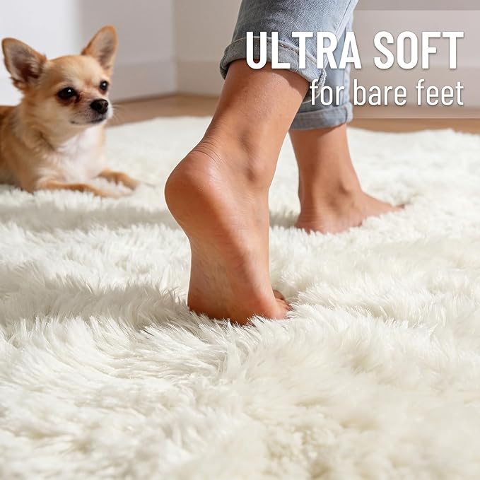 OLANLY 3x6 Machine Washable Runner Rugs for Hallway, Soft Fluffy Shaggy Bedside Rugs for Bedroom, Living Room, Indoor Floor Carpet for Kids Girls and Boys, Nursery Rooms, Home Decor Aesthetic, Ivory