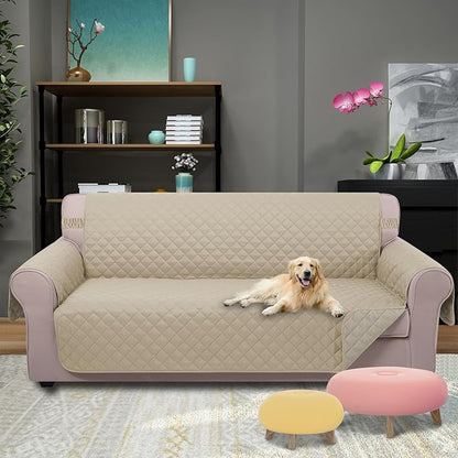 U-NICE HOME 4 Seater Sofa Cover 91 Inch Large Couch Covers for 4 Cushion Couch with Elastic Straps Water Resistant Furniture Protector Cover for Pets Cat (Sofa XX-Large, Sand/Beige)