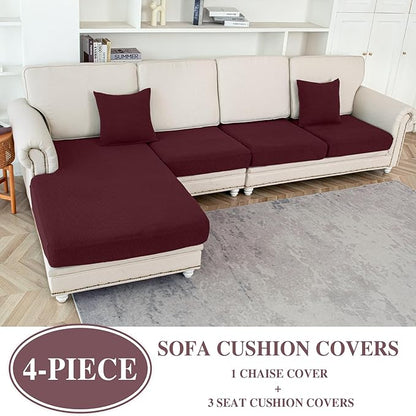 Couch Cushion Covers for Sectional Sofa L Shape Washable Separate Seat Chaise Couch Cover Stretch Sofa Slipcovers with 2 Pcs Pillowcases(3 Seater + 1 Chaise, Burgundy)