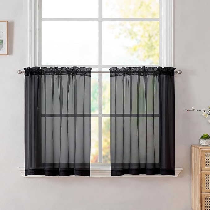 Simplebrand Black Tier Curtains for Kitchen 24 Inches Long 2 Panels Set, Rod Pocket Cafe Curtain Light Filtering Sheer Short Curtains for Bathroom/Basement Half Window 42 x 24 Inch, 2Pcs, Black