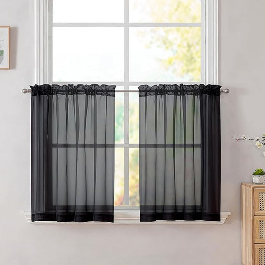 Simplebrand Black Tier Curtains for Kitchen 24 Inches Long 2 Panels Set, Rod Pocket Cafe Curtain Light Filtering Sheer Short Curtains for Bathroom/Basement Half Window 42 x 24 Inch, 2Pcs, Black