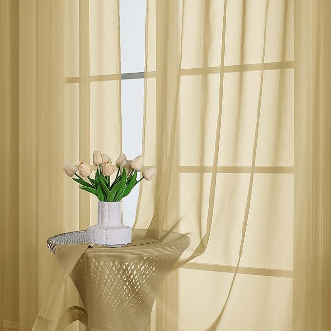 OWENIE Sheer Gold Curtains, Sheer Curtains 63 inch Length 2 Panels Set, Rod Pocket Voile Fimly Sheer Drapes for Living Room Bedroom, 2pcs, Gold, Each 59" W x 63" L