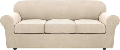 H.VERSAILTEX 4 Piece Stretch Couch Covers for 3 Cushion Couch Sofa Furniture Slipcovers Feature Upgraded Thicker Jacquard Fabric (Sofa, Natural)