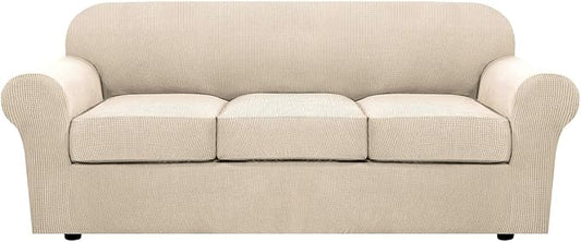 H.VERSAILTEX 4 Piece Stretch Couch Covers for 3 Cushion Couch Sofa Furniture Slipcovers Feature Upgraded Thicker Jacquard Fabric (Sofa, Natural)