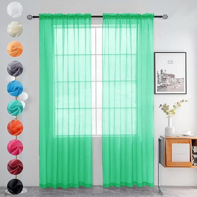 youleyar Solid Sheer Rod Pocket Curtain Voile Draperies 2 Panels White Beige Black Grey Ivory 52 Inch Width 84 Inch Long 1 Pair for Kitchen Bedroom Children Living Room Yard (Grass Green,52Wｘ84L)