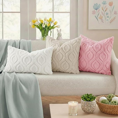 decorUhome Throw Pillow Covers 16x16 Inch Set of 2, Soft Plush Faux Wool Beige Solid Couch Pillow Covers, Accent Farmhouse Neutral Square Pillow Cases for Sofa Bed Living Room