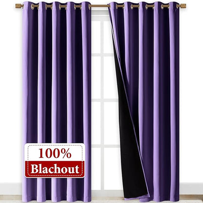 NICETOWN Total Shade Curtains and Draperies, Heavy-Duty Full Light Shading Drapes with Black Liner Backing for Villa/Hall/Dorm Window(Lilac Purple, Package of 2, 70 inches Wide x 95 inches Long)