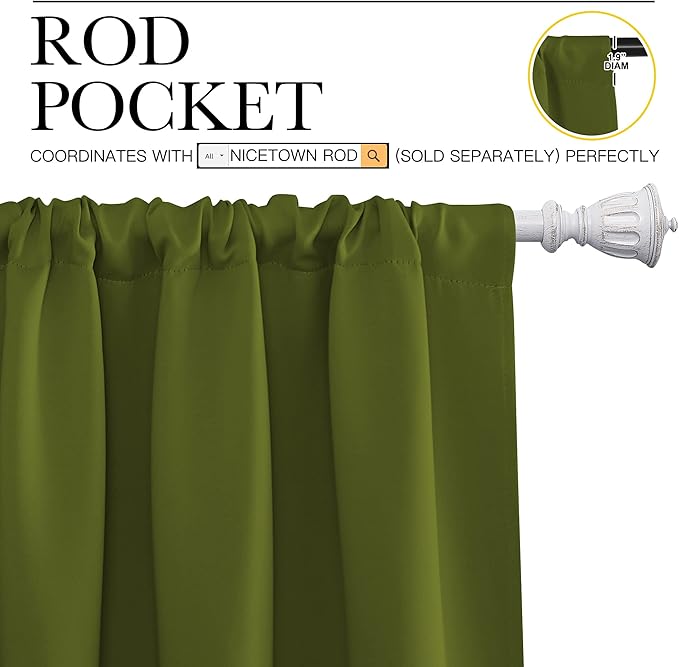 NICETOWN Kitchen Curtains, Short Blackout Curtains & Drapes, Thermal Insulated Rod Pocket Window Treatment Draperies for Nursery (Olive Green, 34 in x 54 in (W x L), Set of 2)