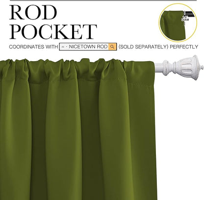 NICETOWN Bedroom Curtains Draperies with Rod Pocket, Nursery Essential Thermal Insulated Blackout Curtain Panels for Small Window (Olive Green, 1 Pair, 34 x 63)