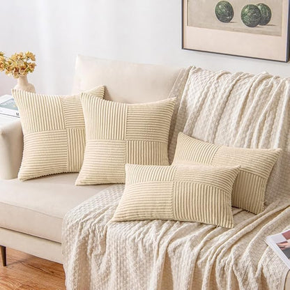 MIULEE Cream Decorative Euro Sham Pillow Covers 24x24 Inch for Bed Couch Sofa Pack of 2 Boho Neutral Farmhouse Throw Pillows Soft Cross Corduroy Patchwork Textured Cushion Cases