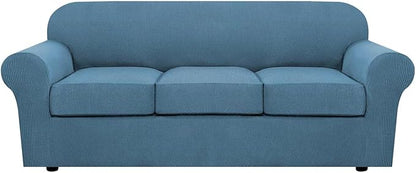 H.VERSAILTEX 4 Piece Stretch Sofa Covers for 3 Cushion Couch Covers for Living Room Furniture Slipcovers (Base Cover Plus 3 Seat Cushion Covers) Upgraded Thicker Jacquard Fabric (Sofa, Dusty Blue)