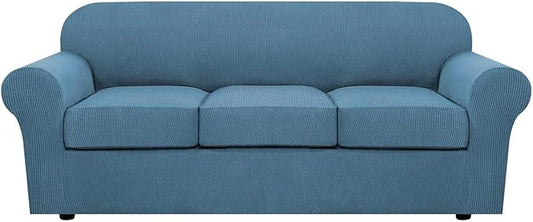 H.VERSAILTEX 4 Piece Stretch Sofa Covers for 3 Cushion Couch Covers for Living Room Furniture Slipcovers (Base Cover Plus 3 Seat Cushion Covers) Upgraded Thicker Jacquard Fabric (Sofa, Dusty Blue)