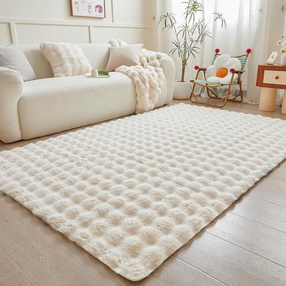 Creamy White Rabbit Plush Rug 5'x8', Fluffy Faux Fur Shaggy Area Rug for Nursery, Kids Room Decor, Soft Fuzzy Carpet for Living Room, Bedroom, Teen Girls Room