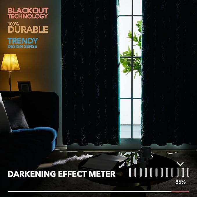 Deconovo Blackout Curtains, Thermal Insulated Soundproof Drapes with Tree Foil Print, 42 x 84 Inch, Set of 2, Machine Washable Window Curtain for Bedroom Living Room Nursery Kitchen Office, Turquoise
