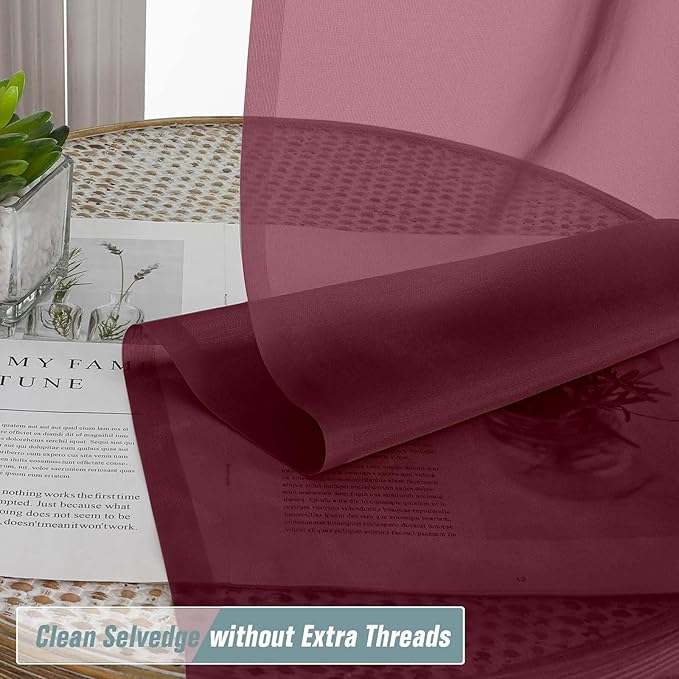 Extra Wide Sheer Curtains 120 Inches Long, Extra Long Light Filtering Modern Patio Curtains for Sliding Glass Door, Rod Pocket Voile Drapes for Living Room, Burgundy, 2x59Wx120L Inches, 10FT