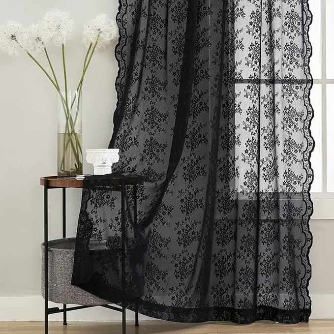 YJ YANJUN Vintage Lace Curtains 72 inch Length Goth Black Floral Sheer Sidelight Curtains for Front Door Coffin/Dark/Halloween/Spooky/Skull/Moody/Witch/Creepy Room Decor 52" W x 72" L
